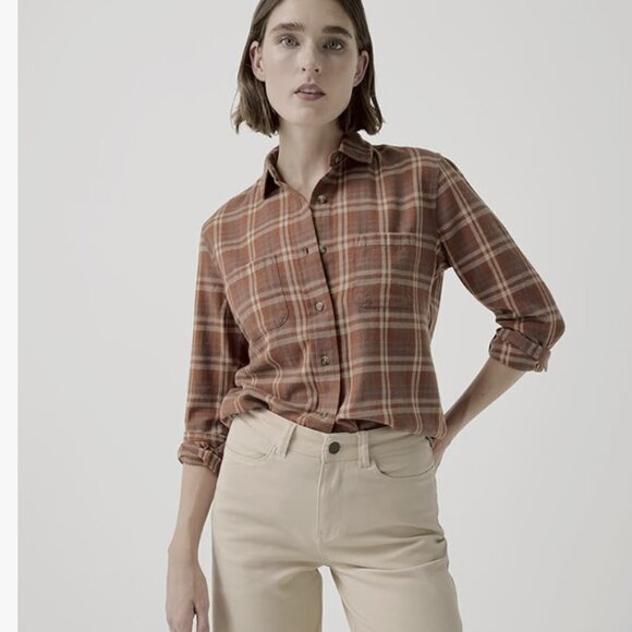 NWT Pact Organic Cotton Flannel Button-Up Shirt spice plaid L (fits 10 and 12) - Picture 1 of 8